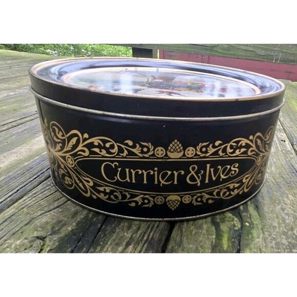 Vintage Currier & Ives American Railroad Scene Snow Bound Train Round 10" Tin - Picture 4 of 11